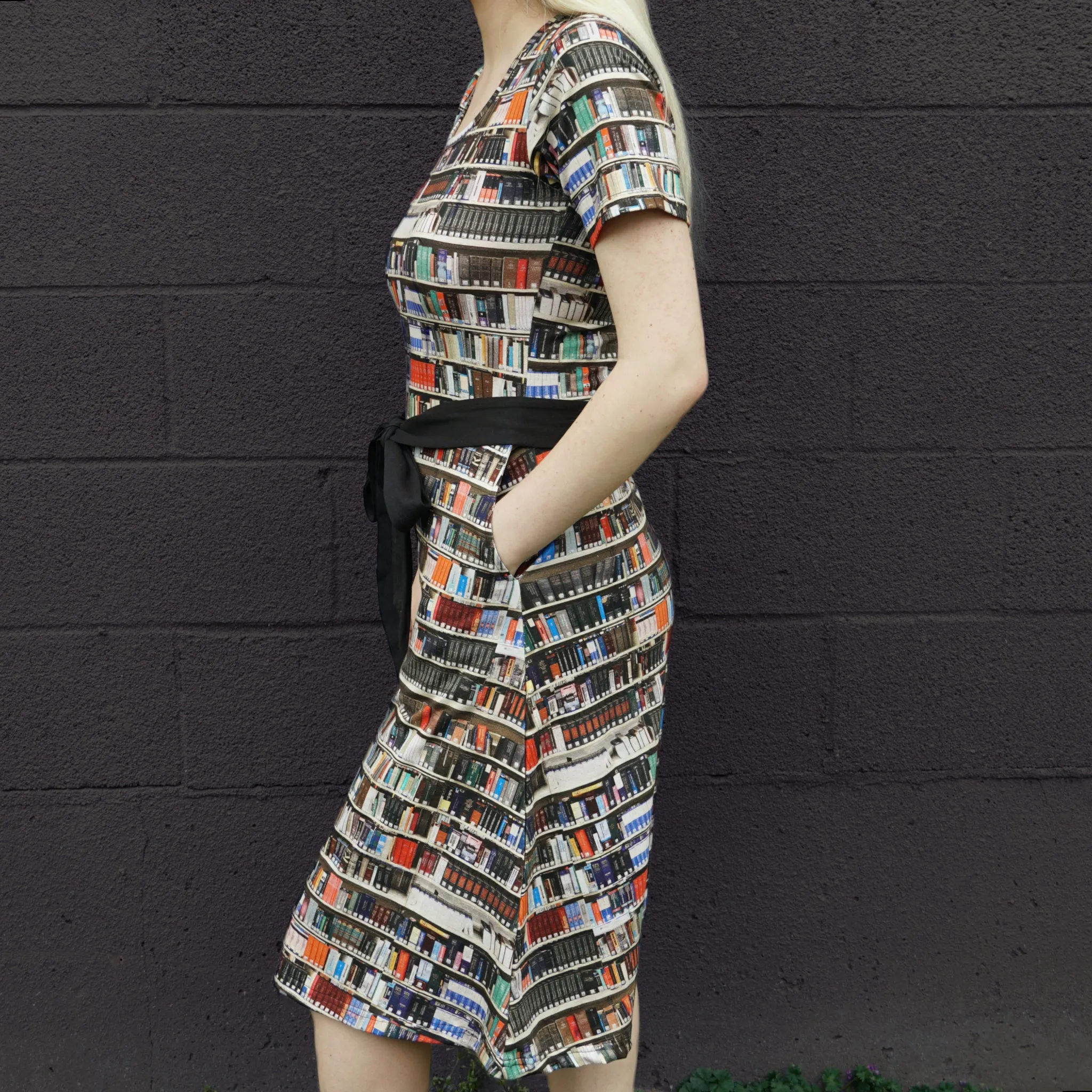 Library Shelves Belted A-Line Dress (No Waist Seam)