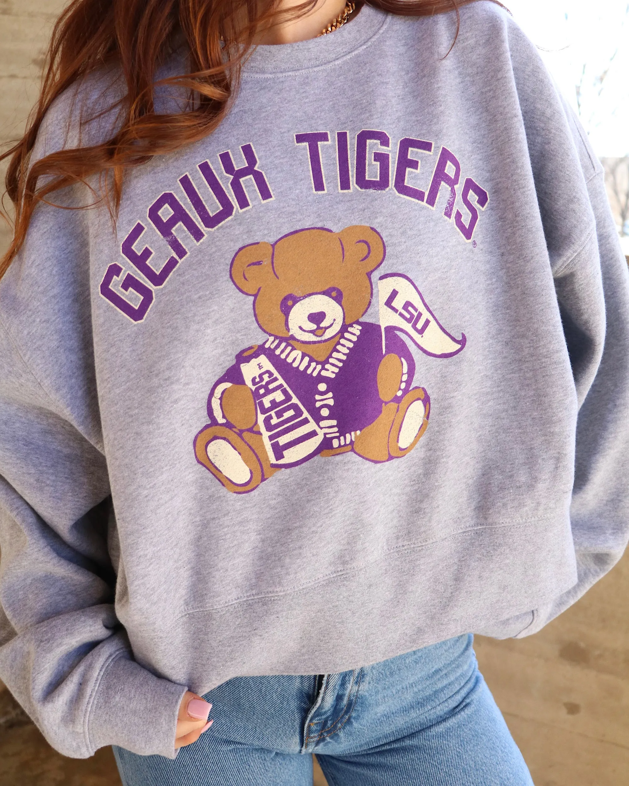 LSU Tigers Bear Gray Oversized Crew Sweatshirt