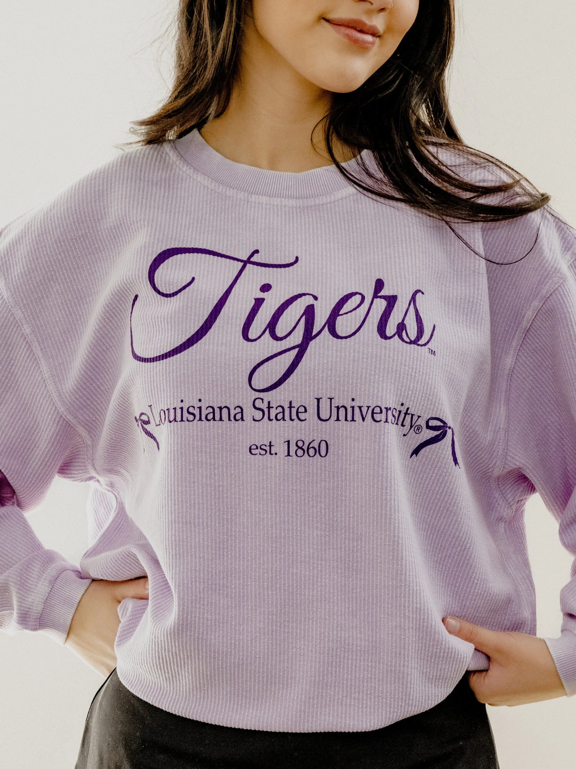 LSU Tigers Established Bows Lilac Corded Crew Sweatshirt