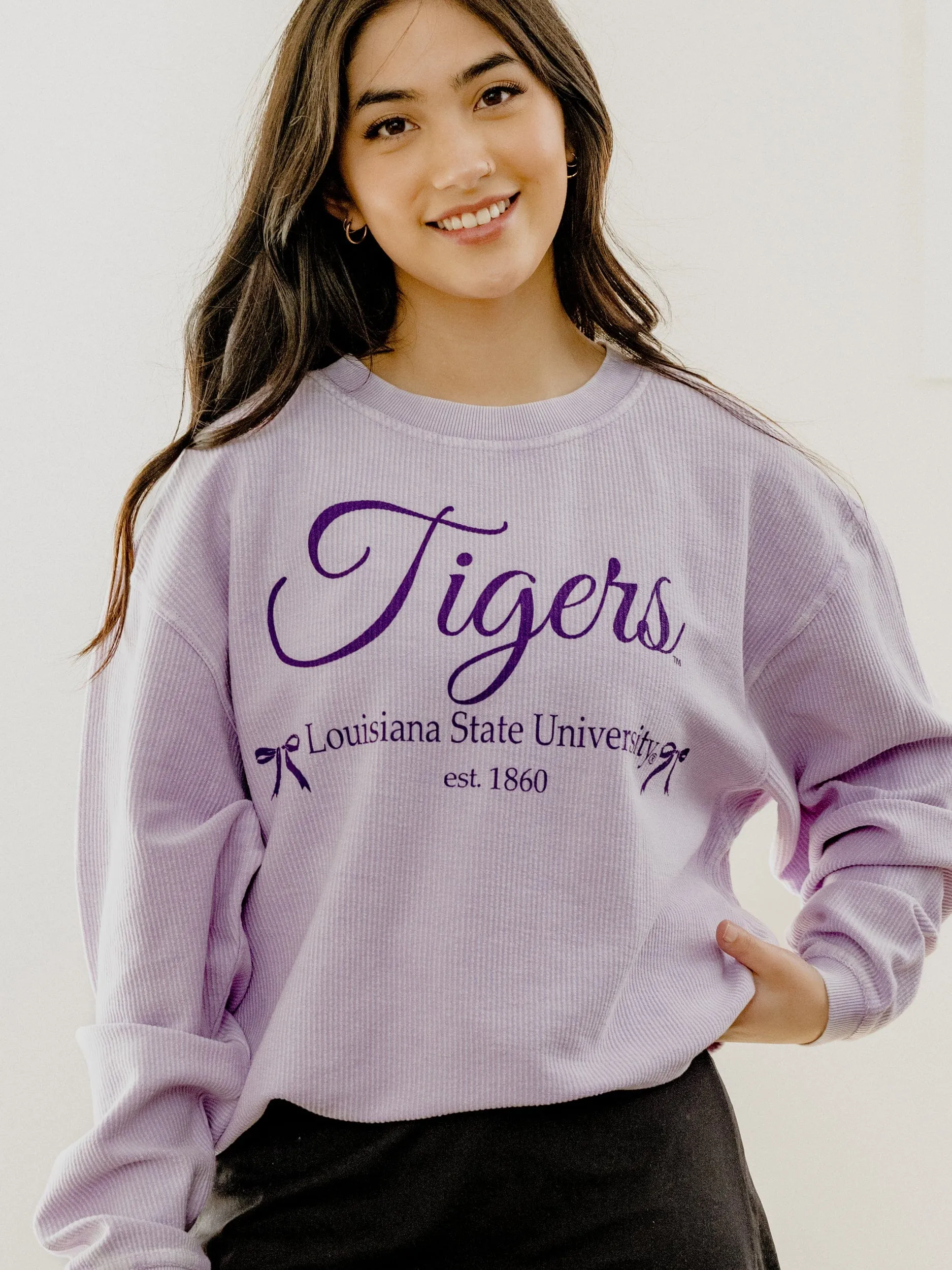 LSU Tigers Established Bows Lilac Corded Crew Sweatshirt