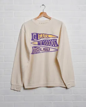 LSU Tigers Pennant Ivory Corded Crew Sweatshirt