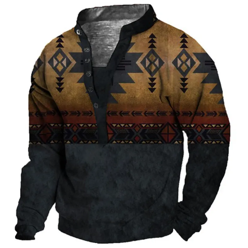 Men's Ethnic Totem Print Henley Collar Sweatshirt | IW6S