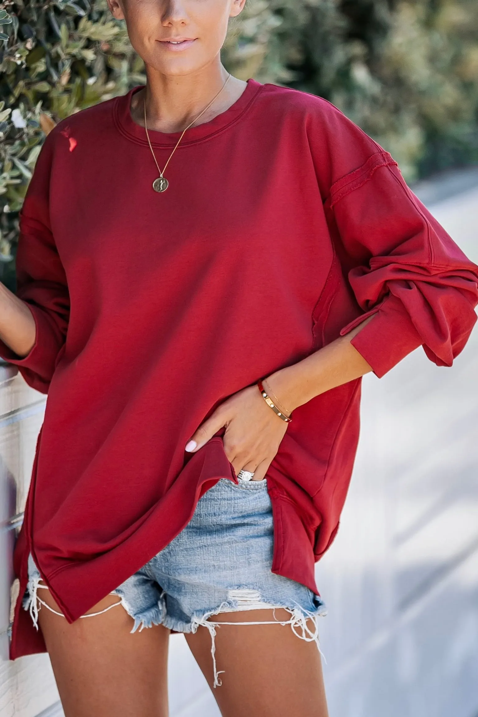 Oversized Exposed Seam Sweatshirt with Side Slits- Burgundy