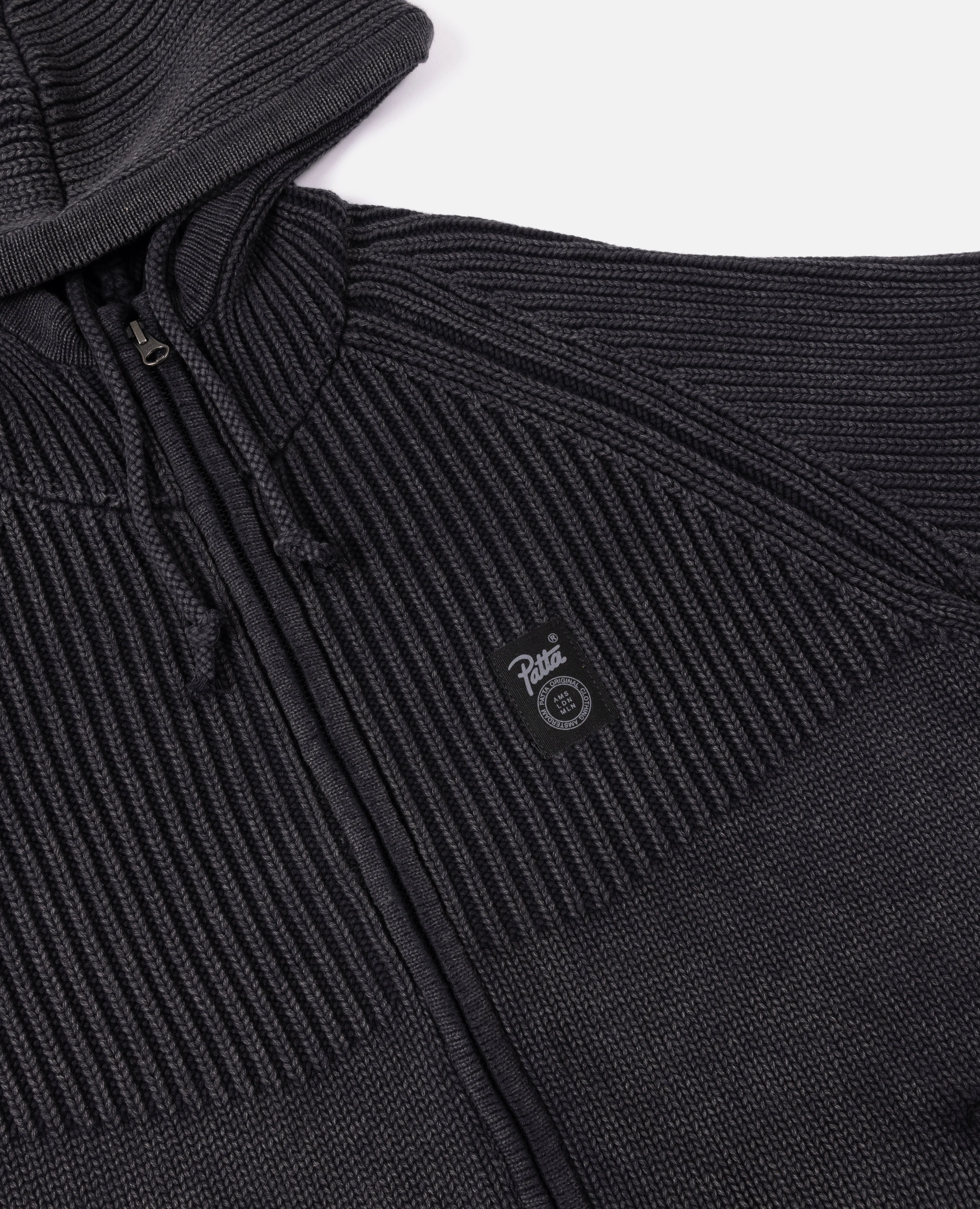 Patta Ribbed Knitted Zip Up Hooded Sweater (Black)