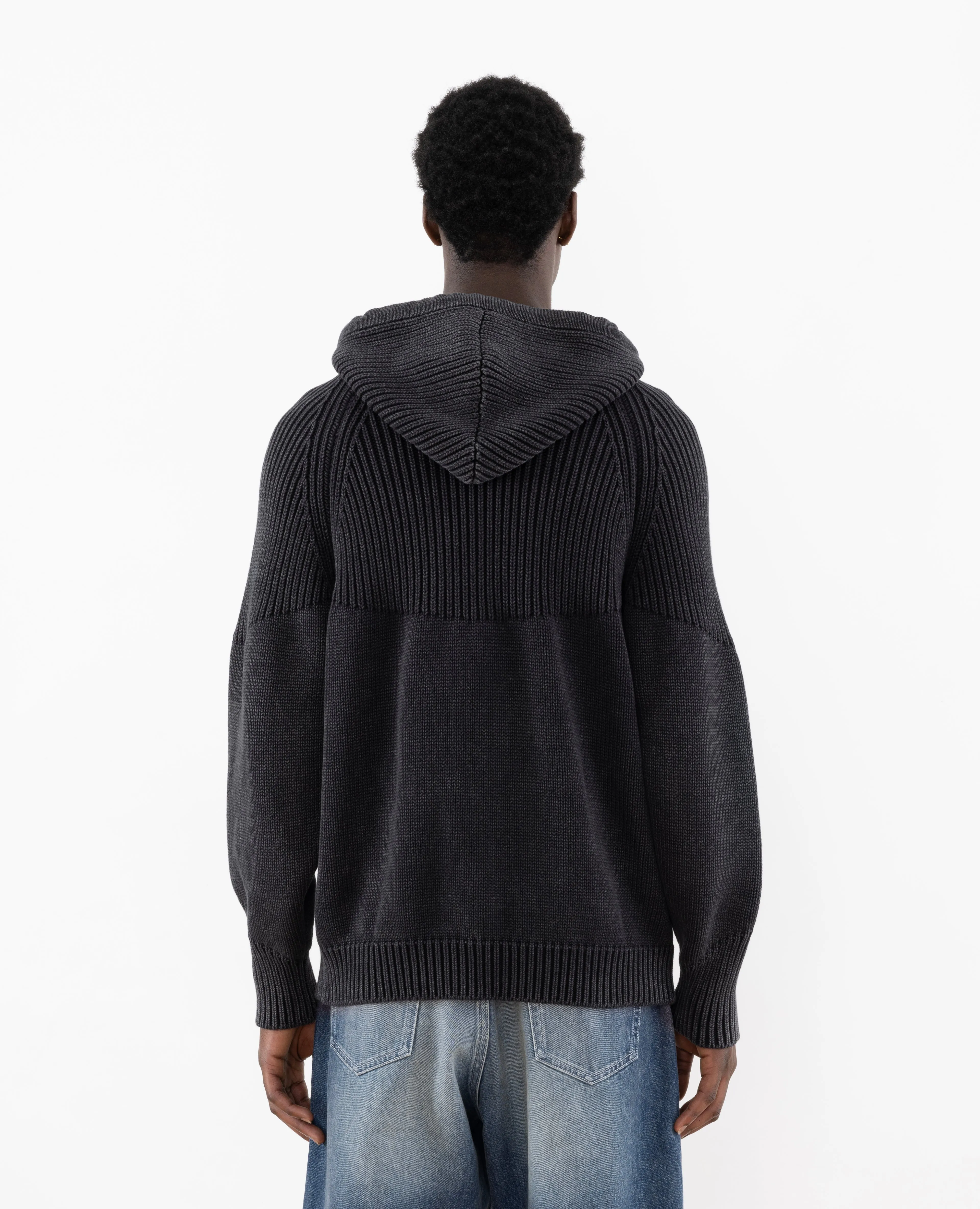 Patta Ribbed Knitted Zip Up Hooded Sweater (Black)