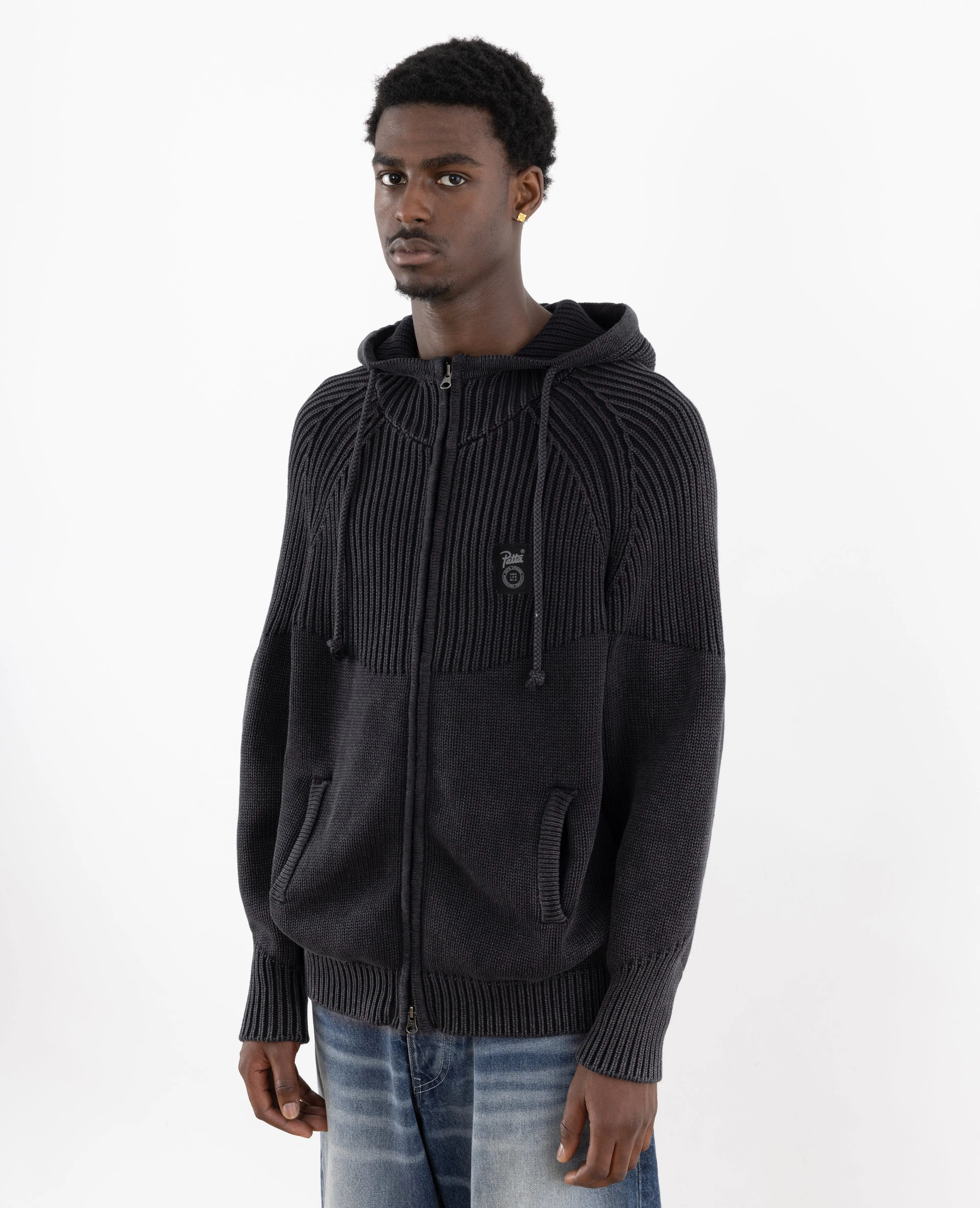 Patta Ribbed Knitted Zip Up Hooded Sweater (Black)