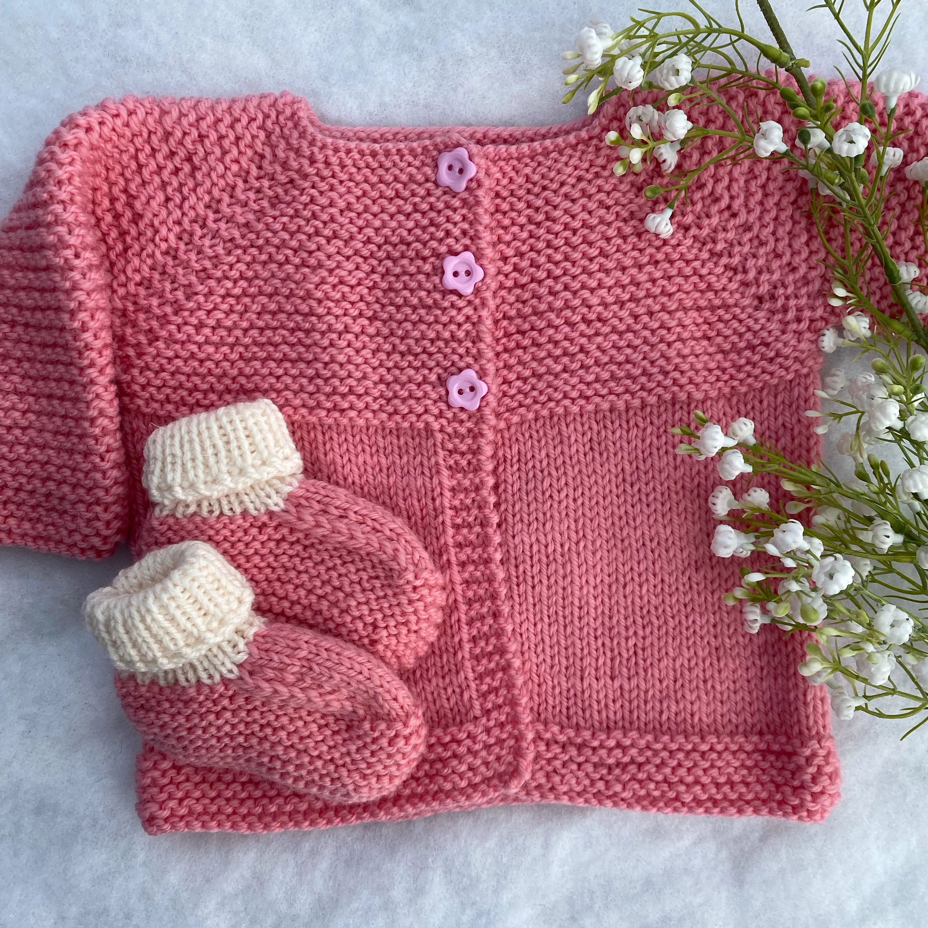 "Daffodils" hand knit baby cardigan and bootie set