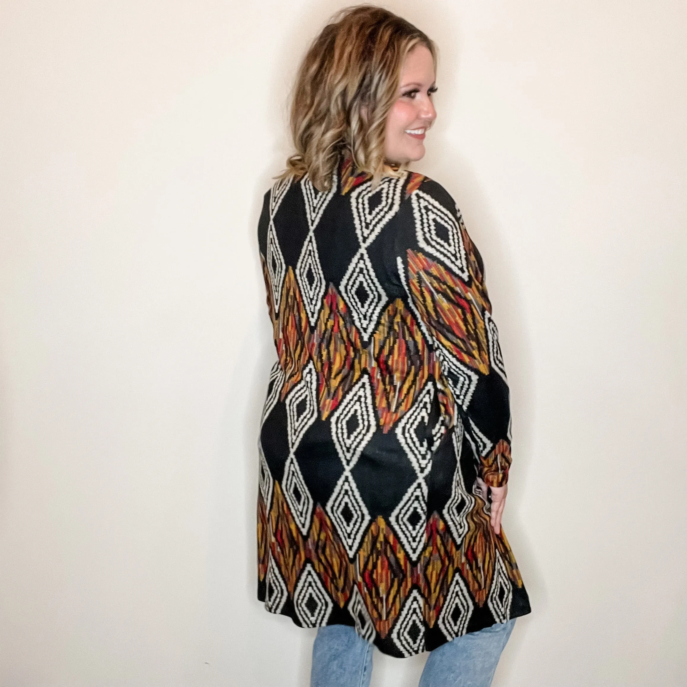 "Dutton" Aztec Print Cardigan with Pockets (Black)