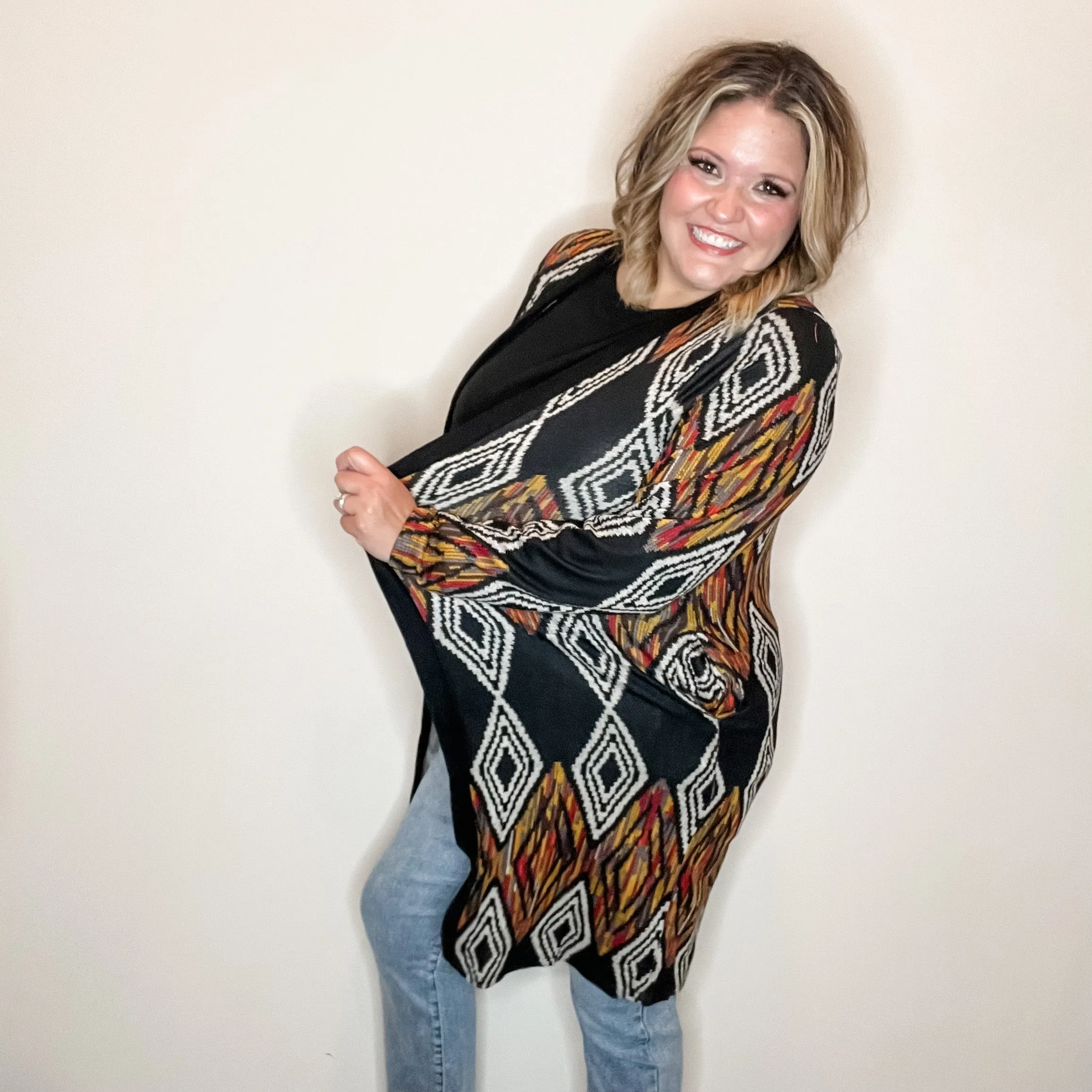 "Dutton" Aztec Print Cardigan with Pockets (Black)