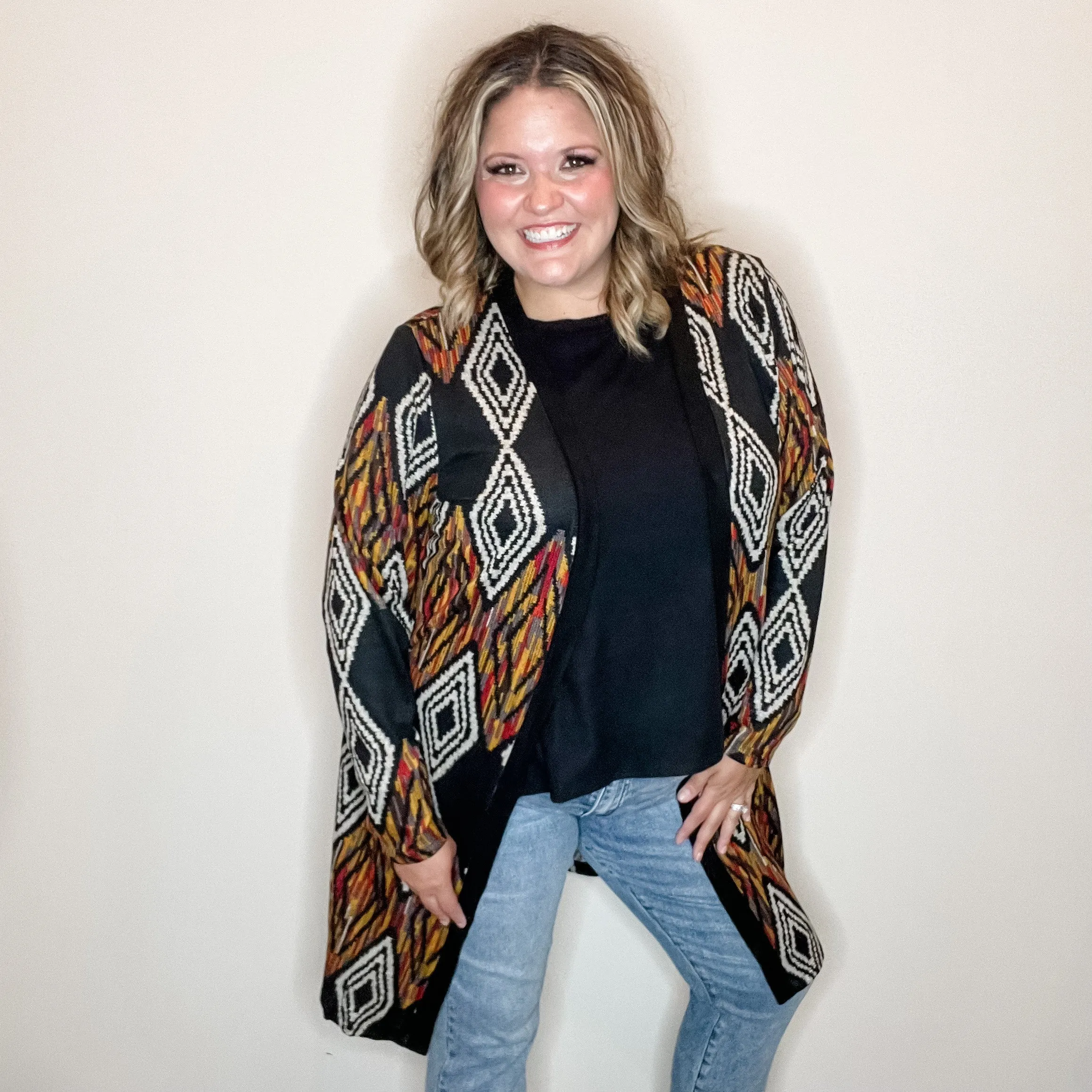 "Dutton" Aztec Print Cardigan with Pockets (Black)