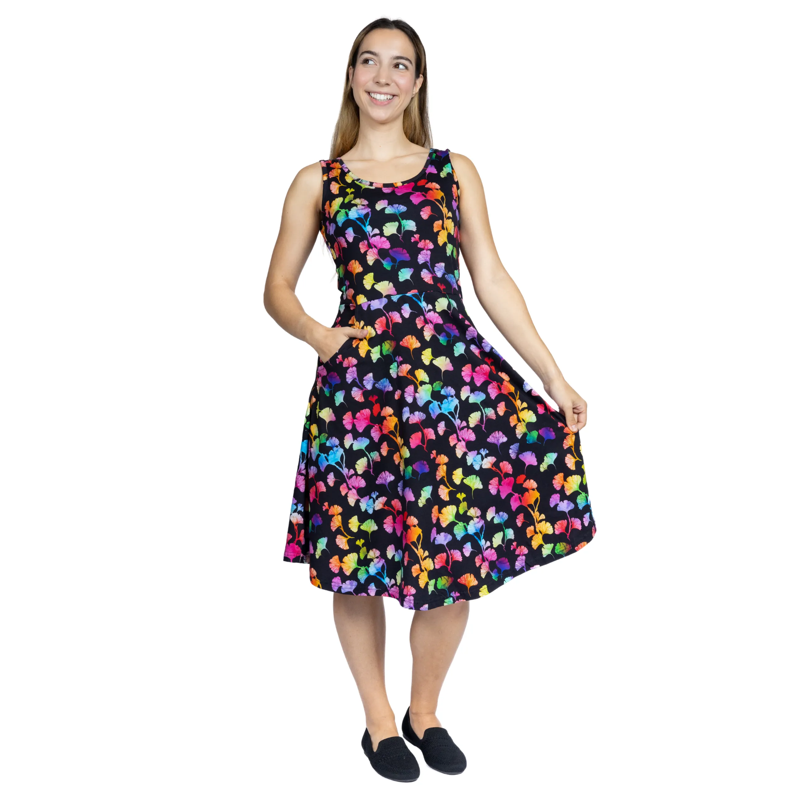 Rainbow Ginkgo Leaves Sleeveless Fit & Flare Dress