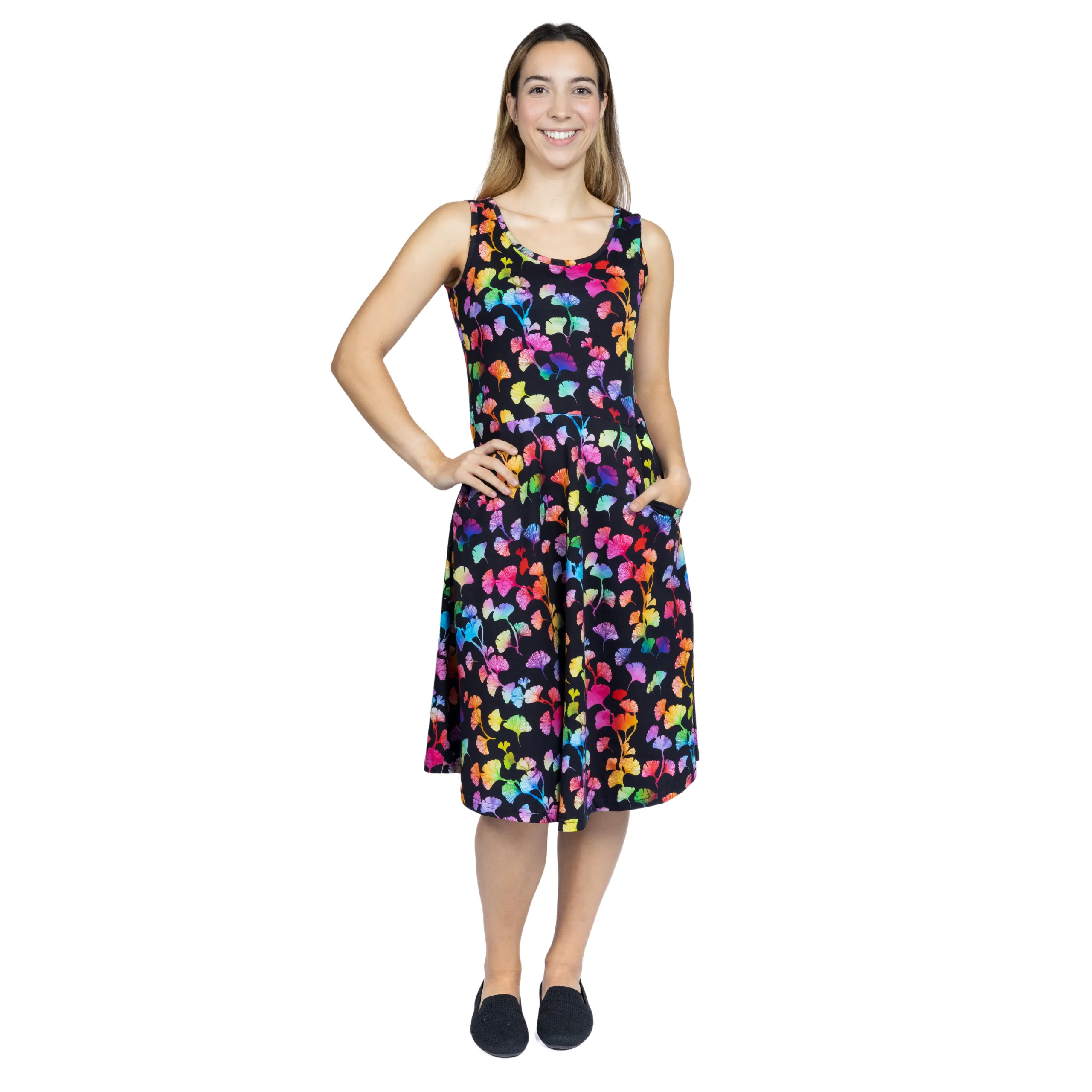 Rainbow Ginkgo Leaves Sleeveless Fit & Flare Dress