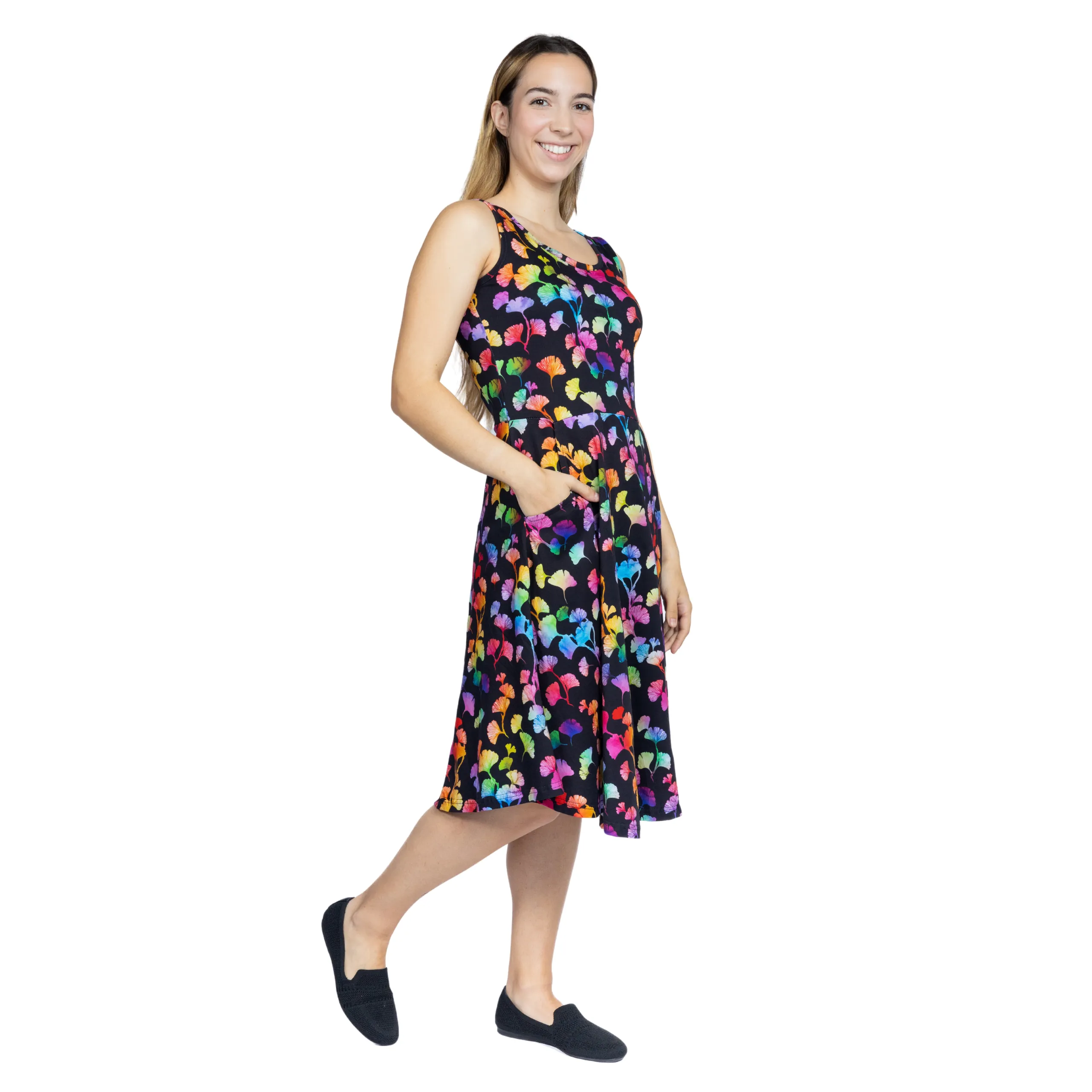 Rainbow Ginkgo Leaves Sleeveless Fit & Flare Dress