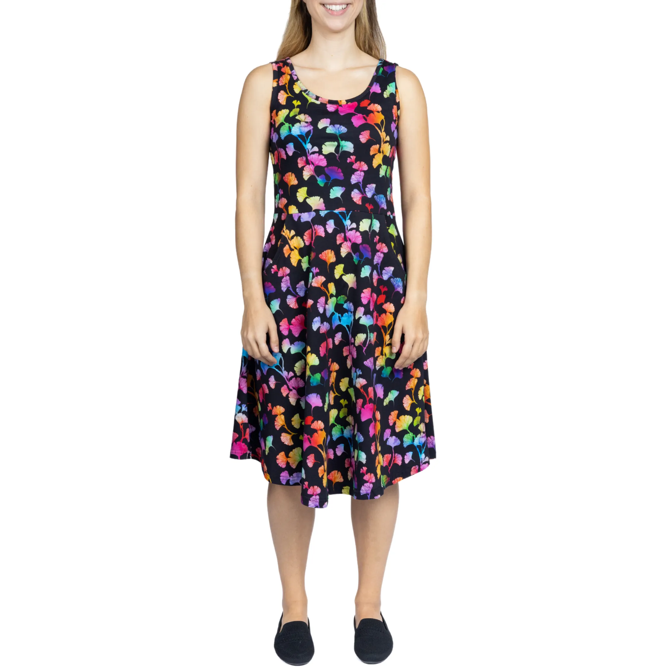 Rainbow Ginkgo Leaves Sleeveless Fit & Flare Dress