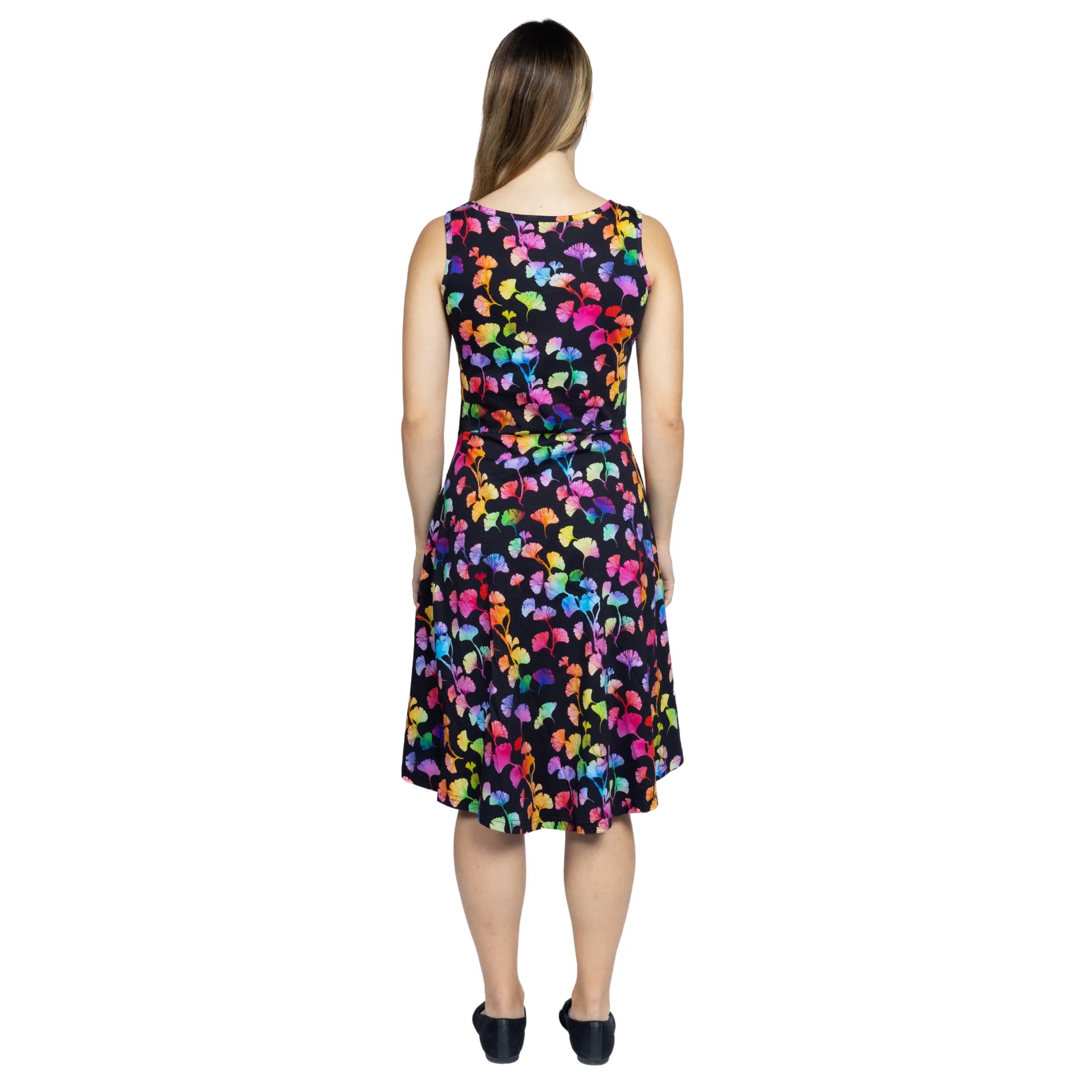 Rainbow Ginkgo Leaves Sleeveless Fit & Flare Dress