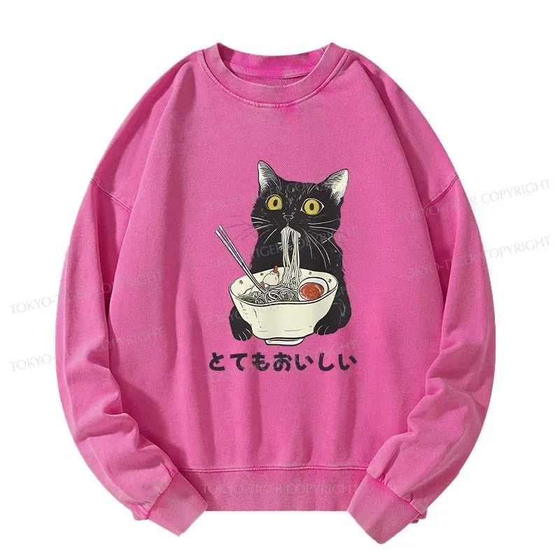 Tokyo-Tiger Cats Eat Ramen Noodles Washed Sweatshirt