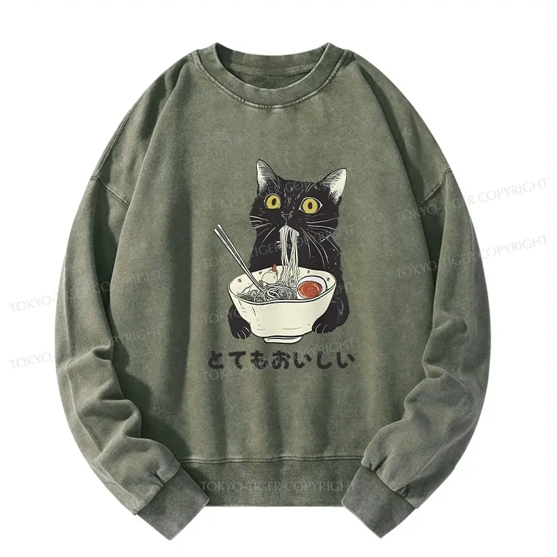 Tokyo-Tiger Cats Eat Ramen Noodles Washed Sweatshirt