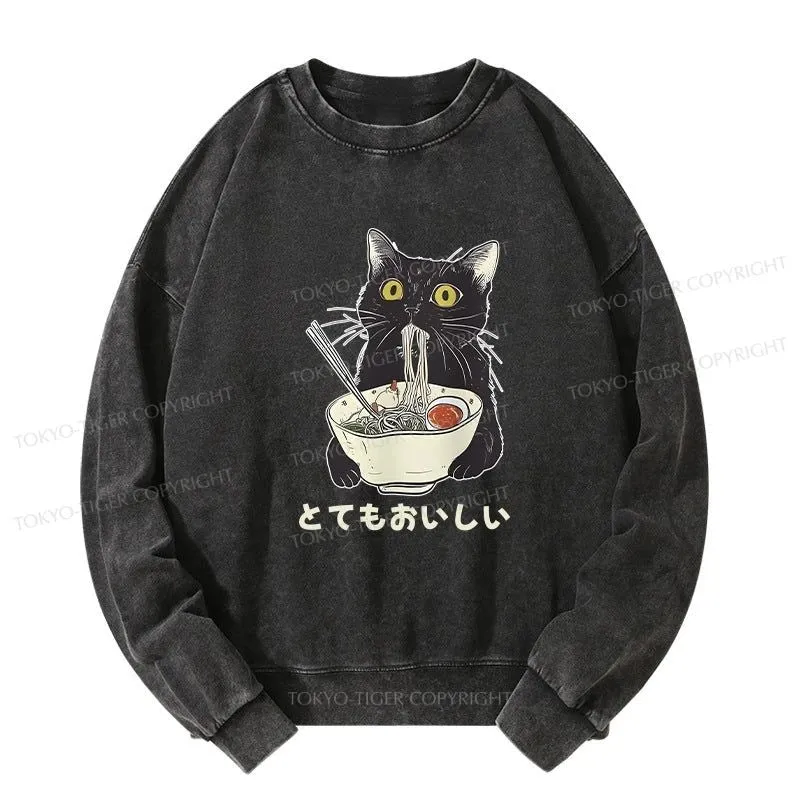 Tokyo-Tiger Cats Eat Ramen Noodles Washed Sweatshirt