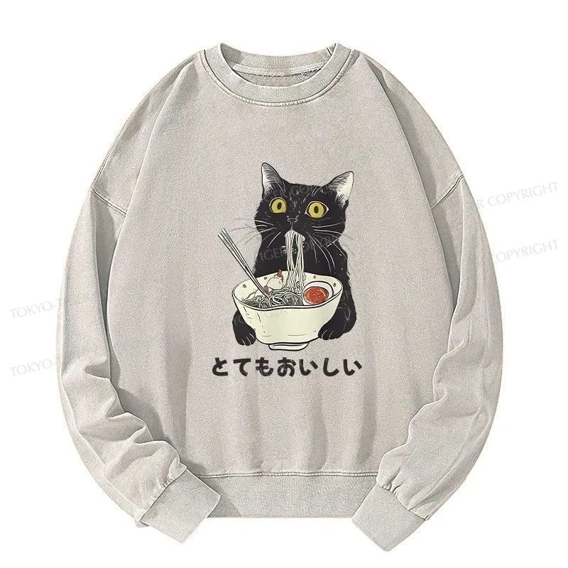 Tokyo-Tiger Cats Eat Ramen Noodles Washed Sweatshirt