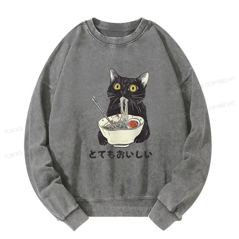 Tokyo-Tiger Cats Eat Ramen Noodles Washed Sweatshirt