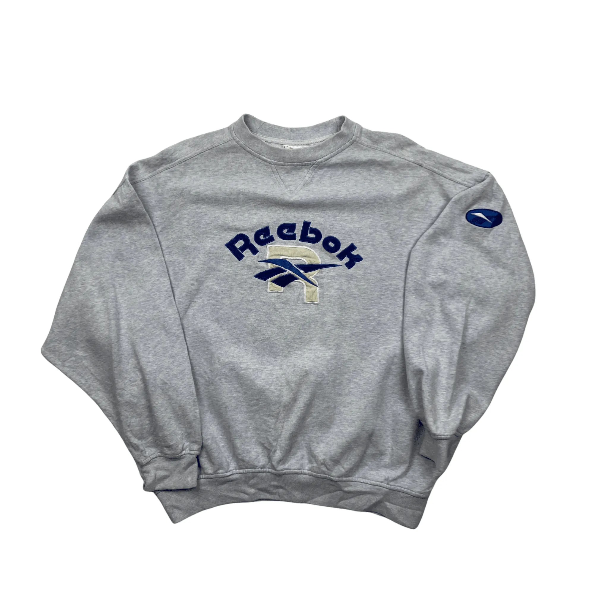 Vintage 90s Women's Grey/ Blue Reebok Spell-Out Sweatshirt - Medium