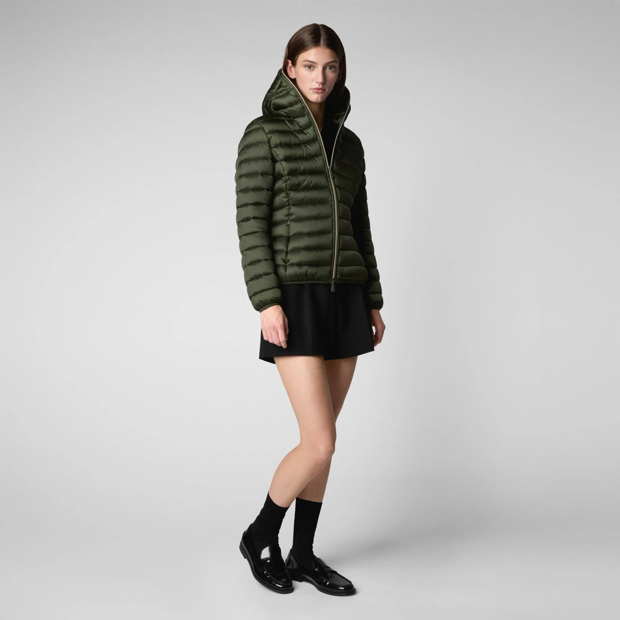 Woman's animal free hooded puffer jacket Alexis in pine green