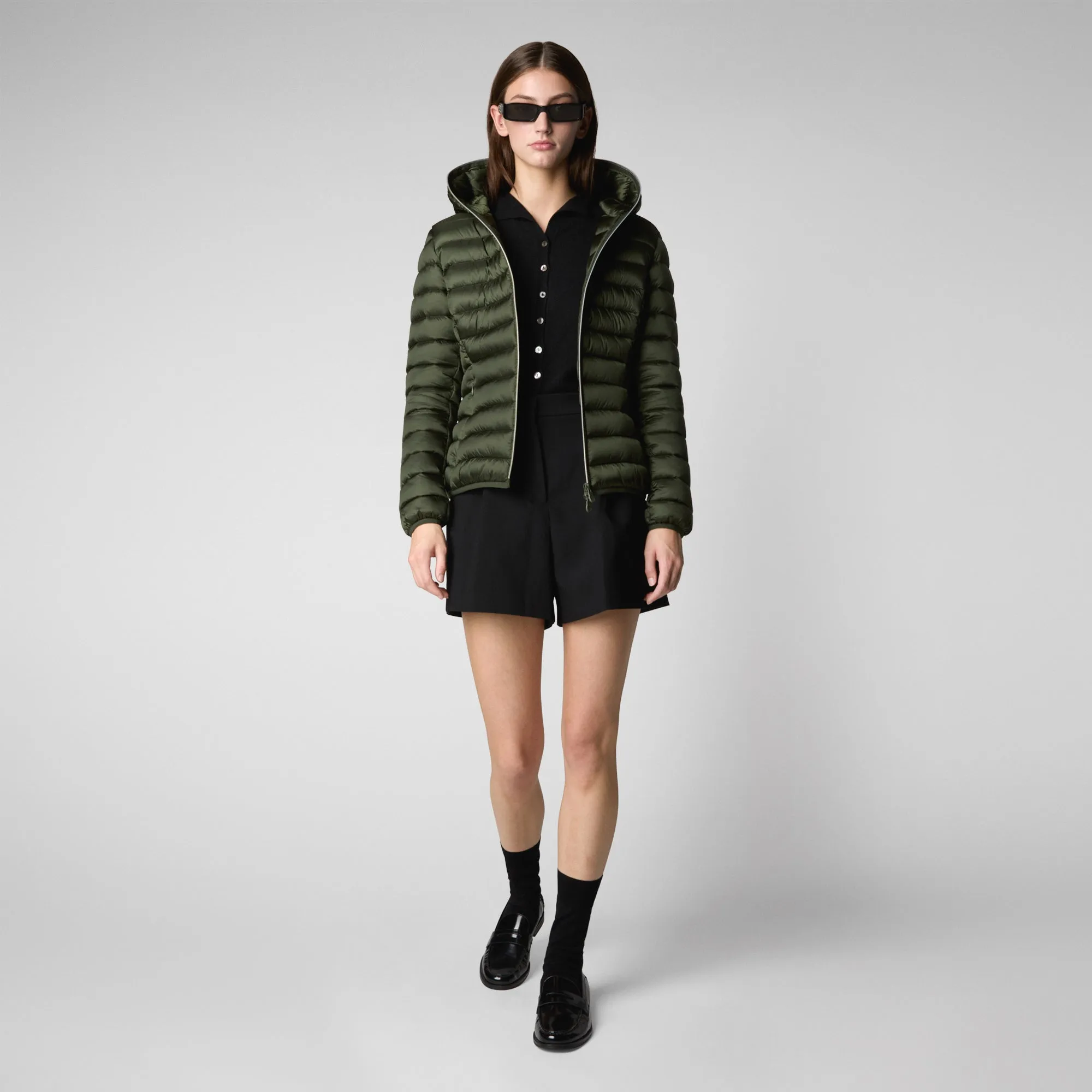 Woman's animal free hooded puffer jacket Alexis in pine green