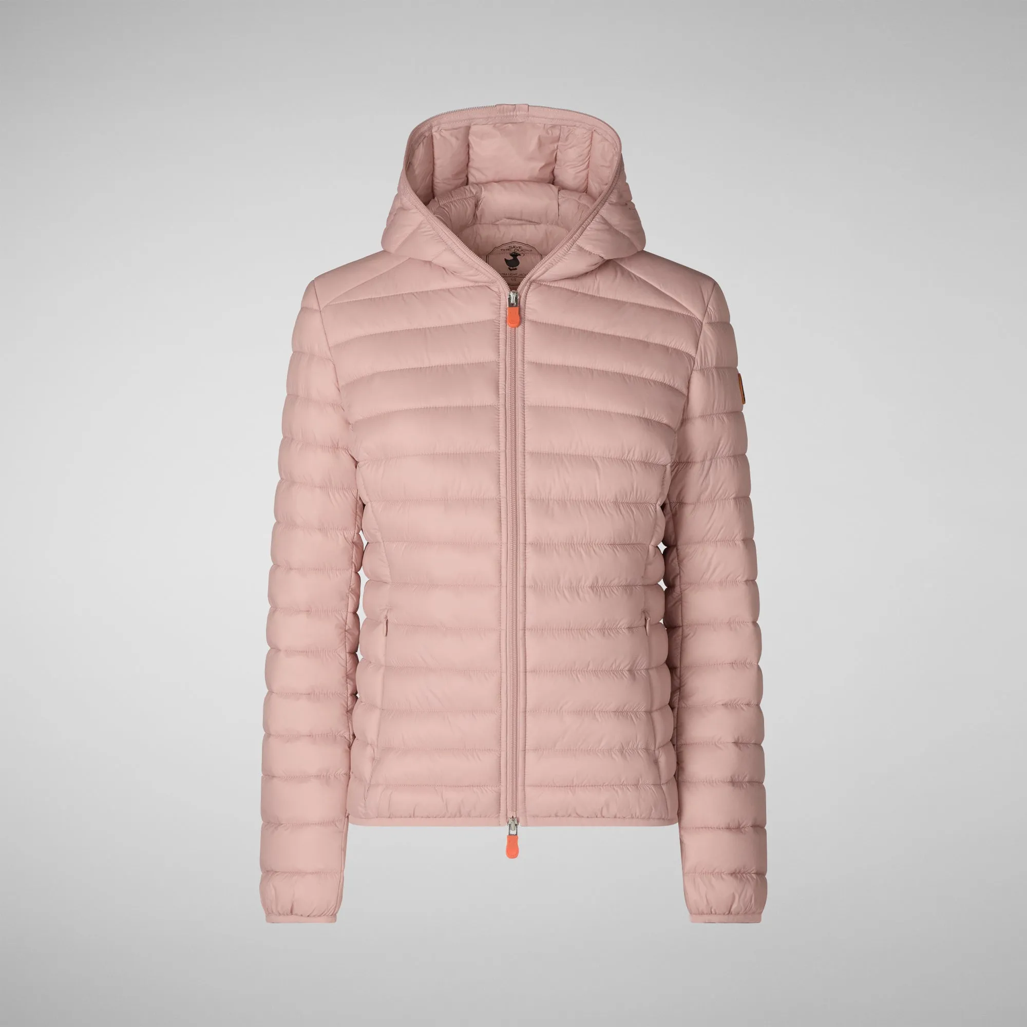 Woman's animal free hooded puffer jacket Daisy in blush pink