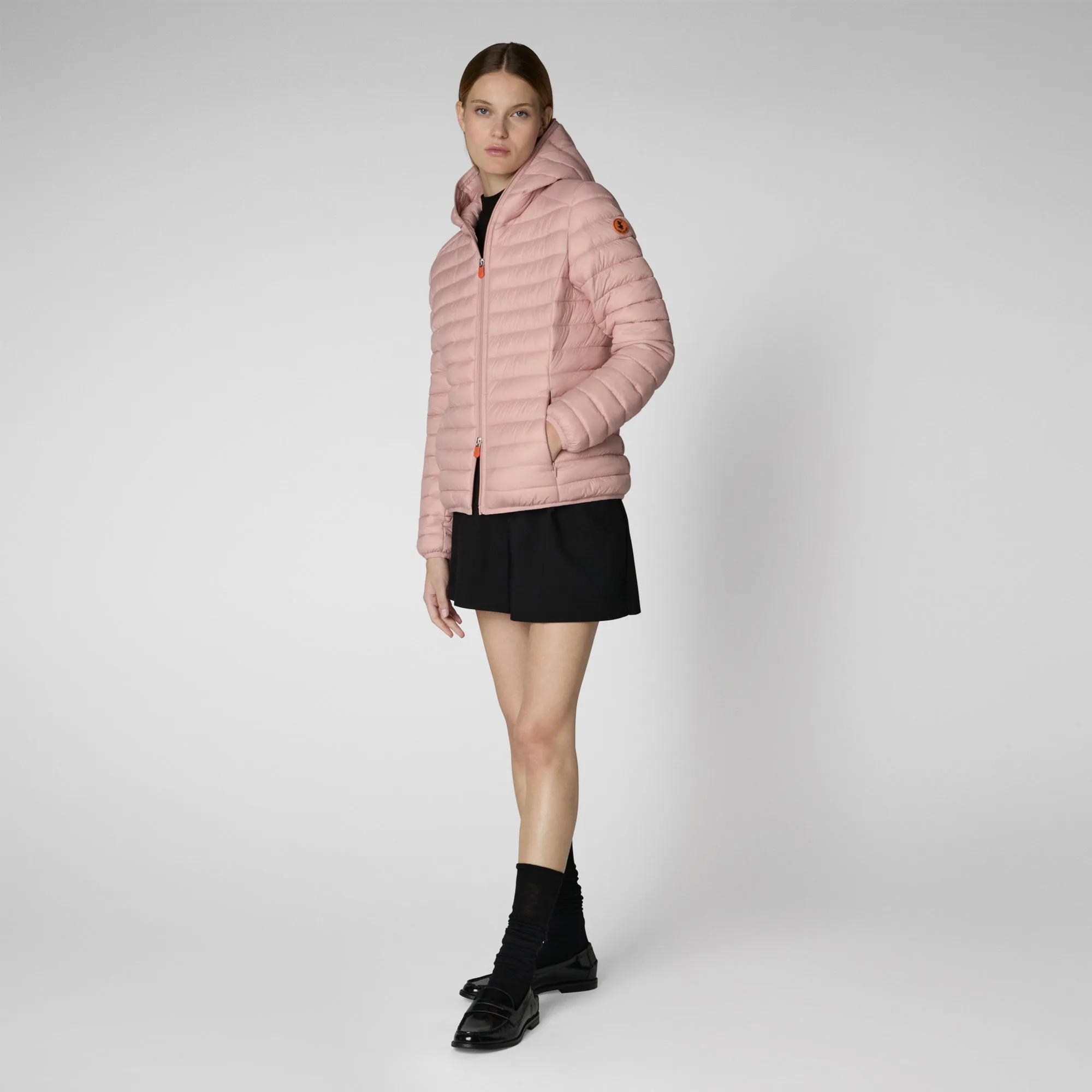 Woman's animal free hooded puffer jacket Daisy in blush pink