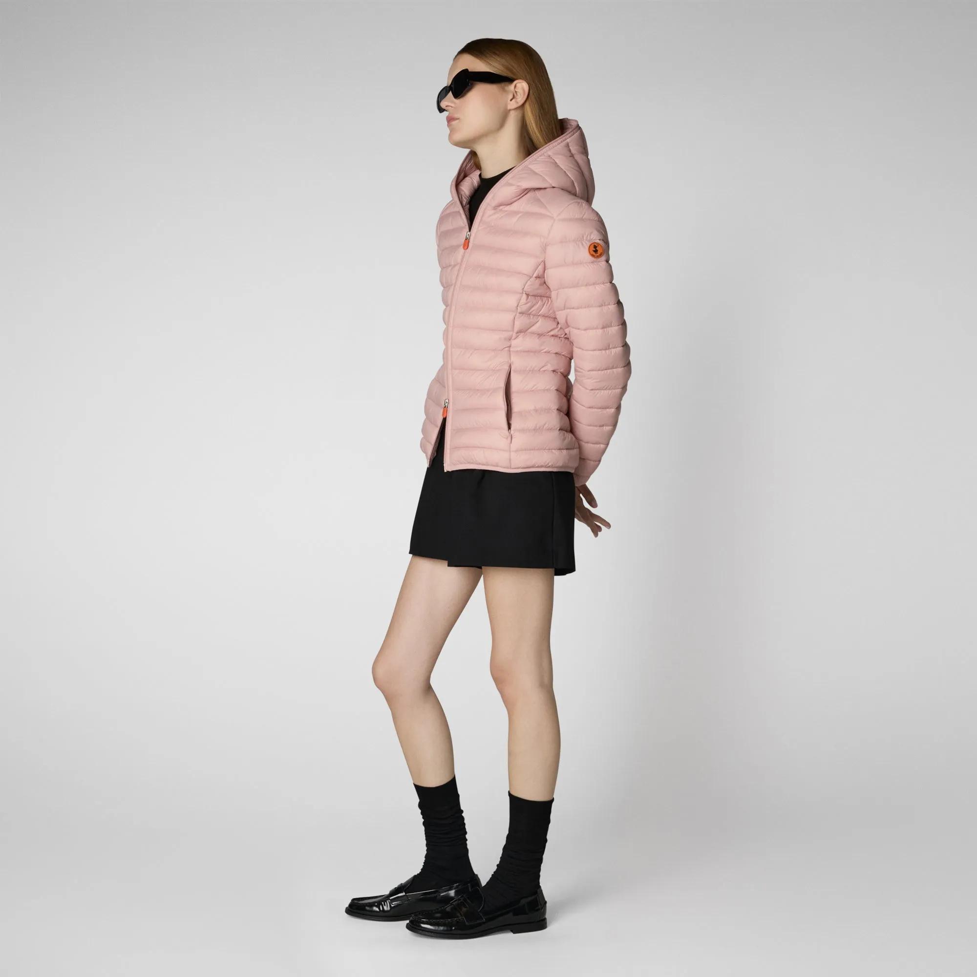 Woman's animal free hooded puffer jacket Daisy in blush pink