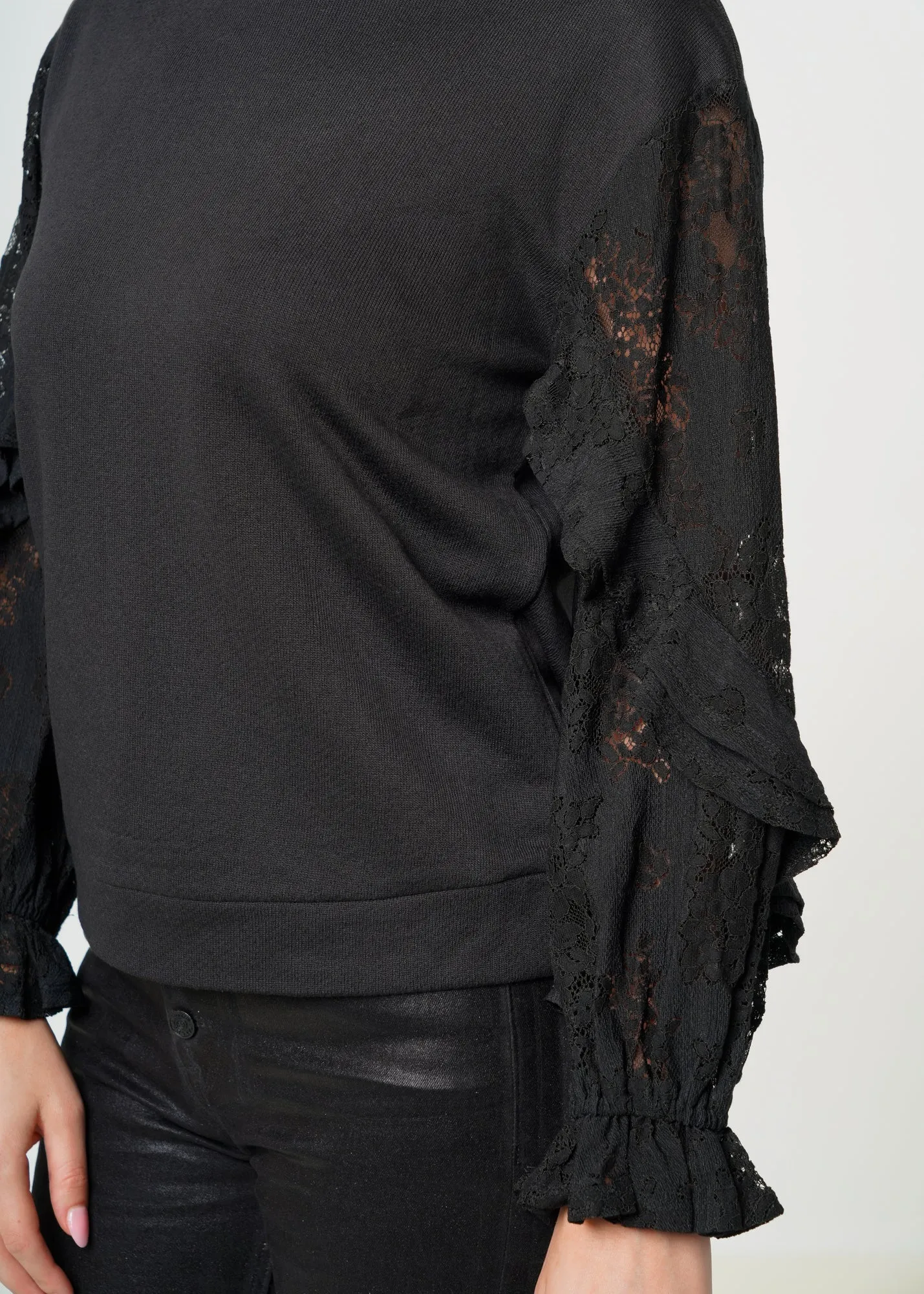 Women's Contrast Lace Sleeve Sweatshirt in Black