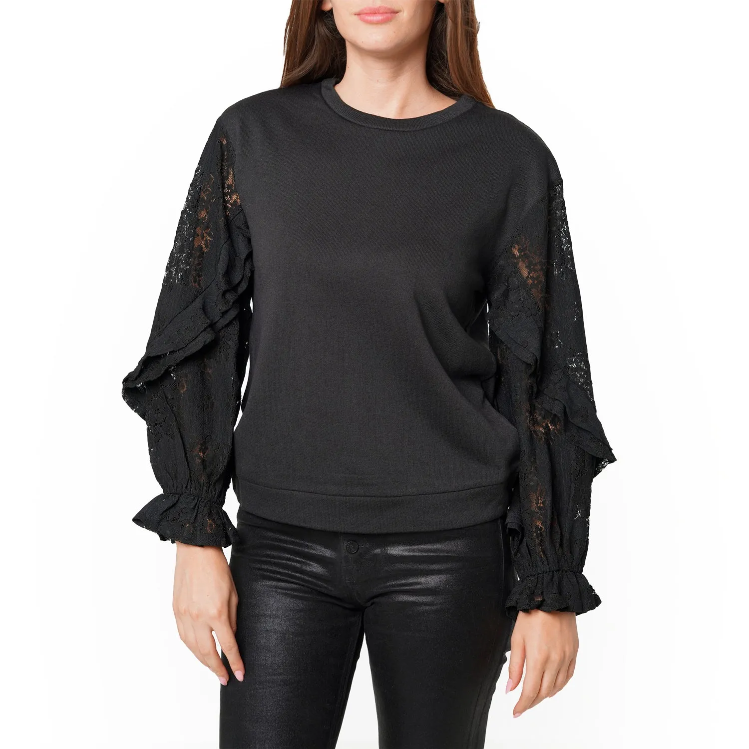 Women's Contrast Lace Sleeve Sweatshirt in Black