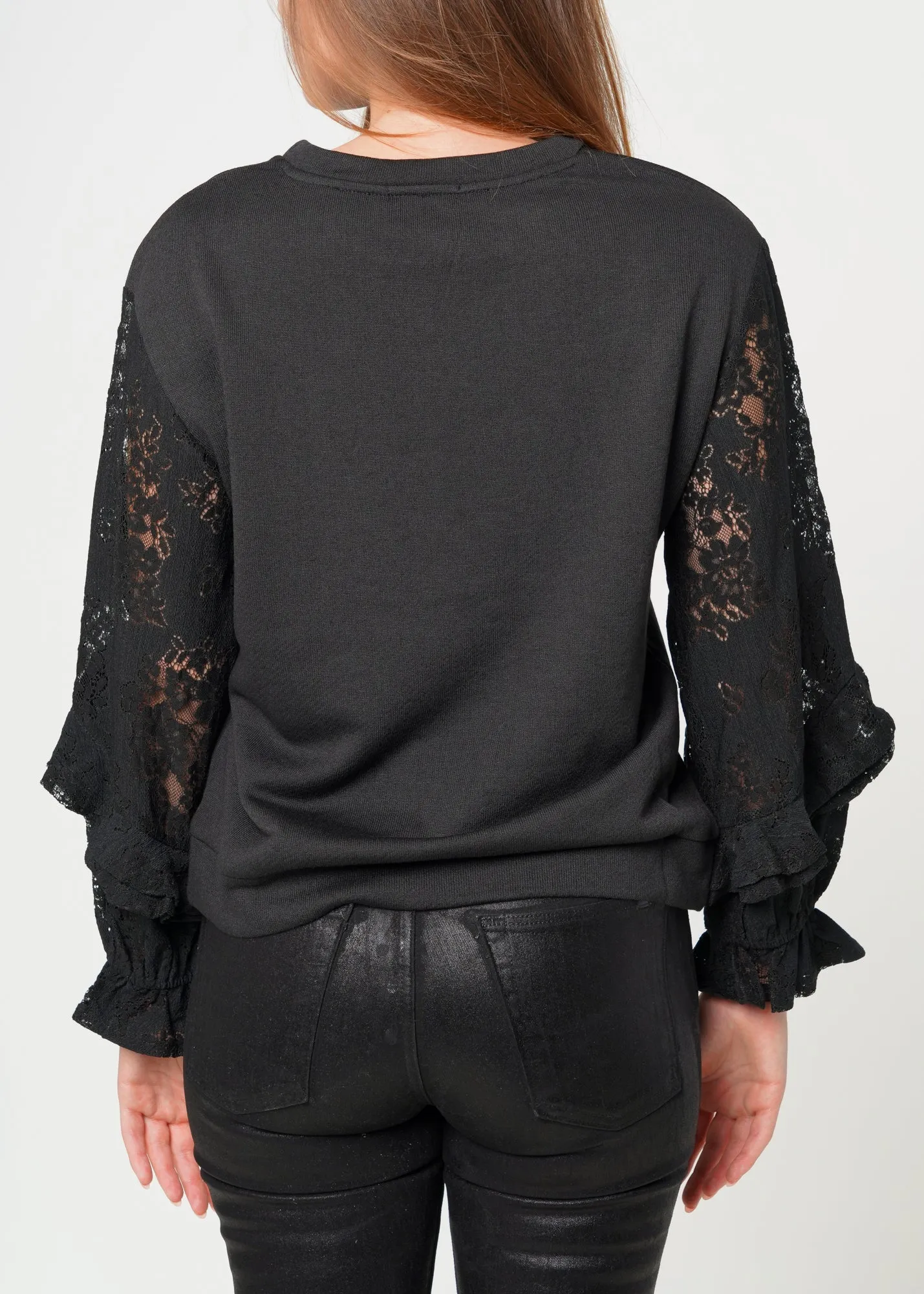 Women's Contrast Lace Sleeve Sweatshirt in Black