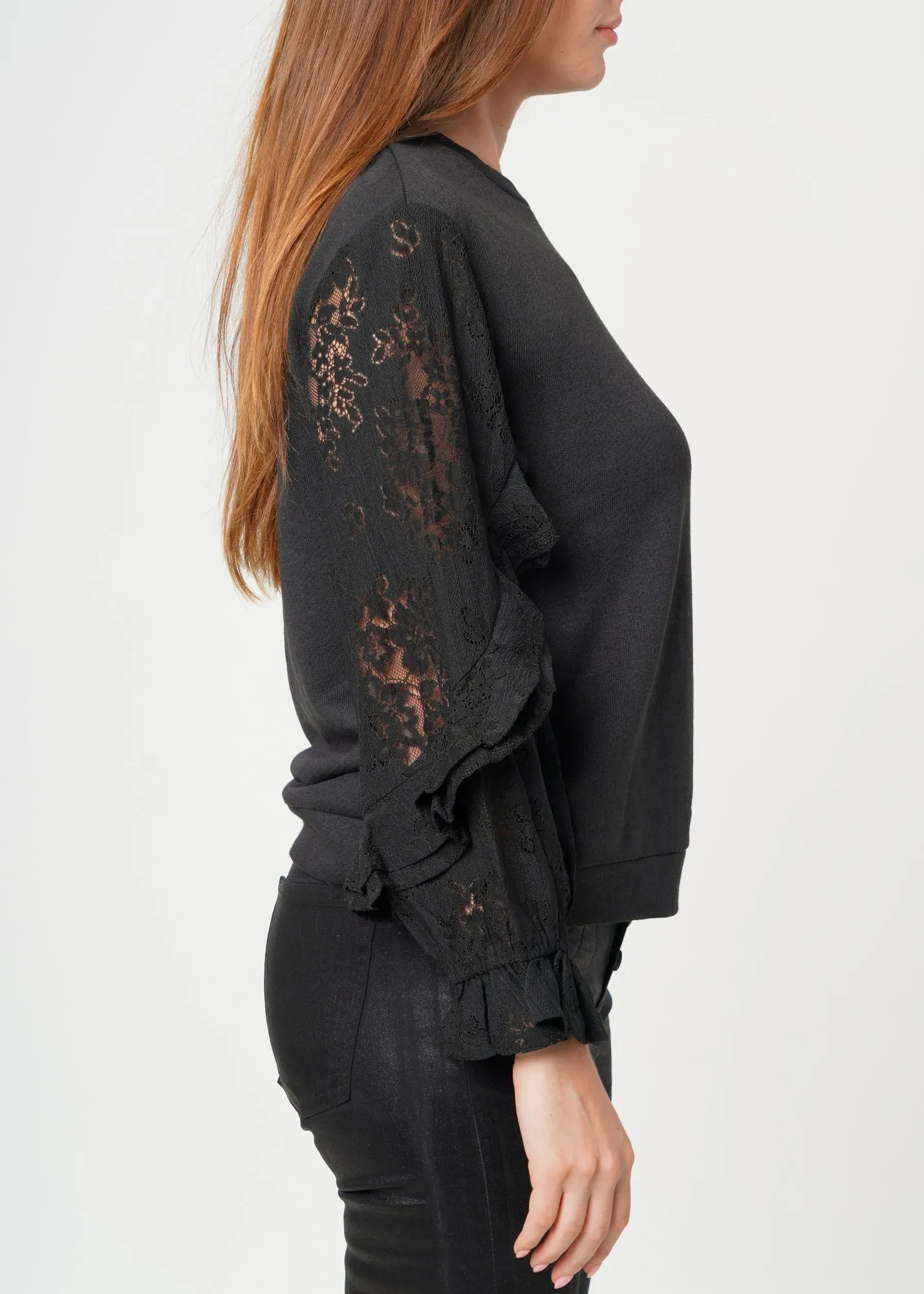 Women's Contrast Lace Sleeve Sweatshirt in Black